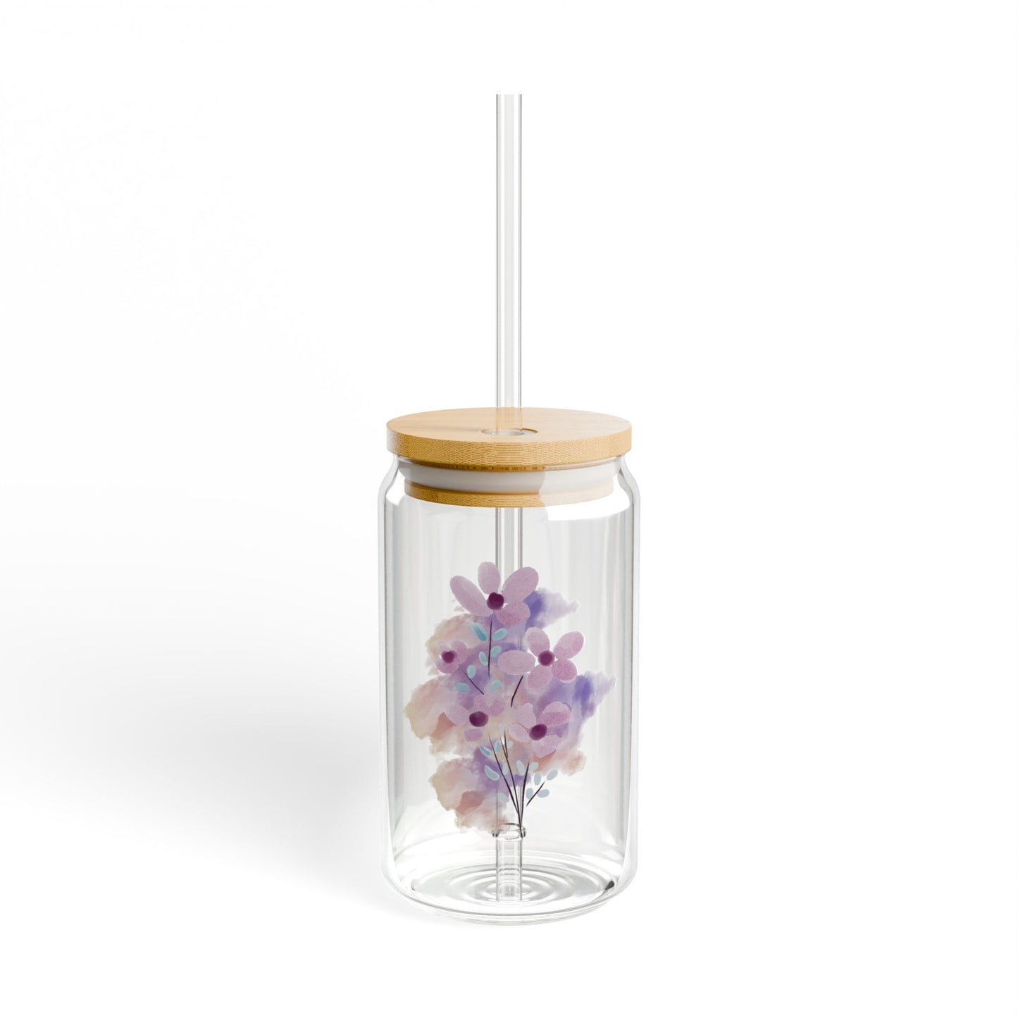 Floral Sipper Glass - 16oz Eco-Friendly Drinkware with Bamboo Lid & Straw