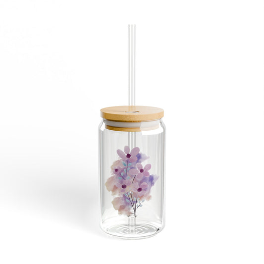 Floral Sipper Glass - 16oz Eco-Friendly Drinkware with Bamboo Lid & Straw