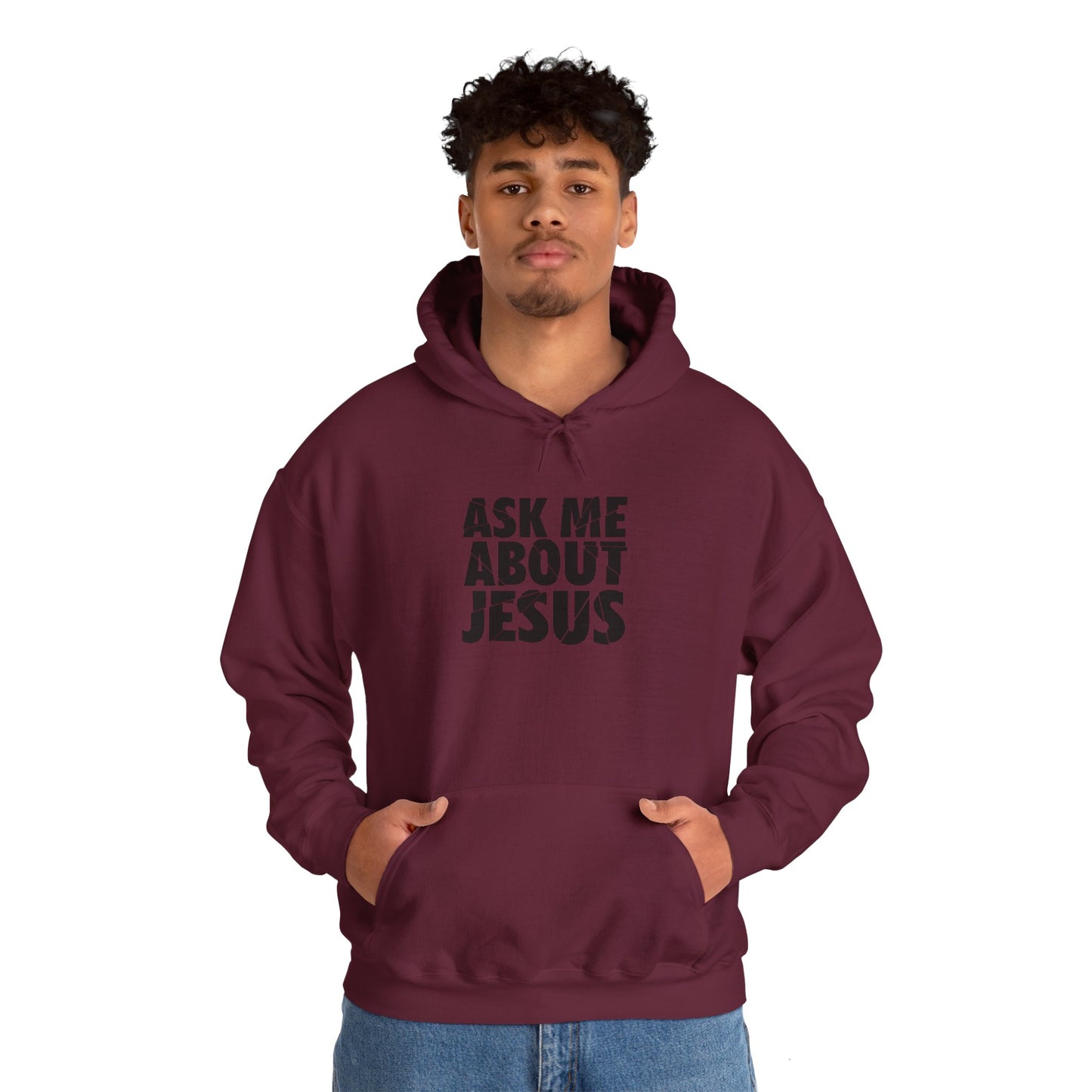 Men Hoodie - 'Ask Me About Jesus' Heavy Blend Sweatshirt for Faith Enthusiasts